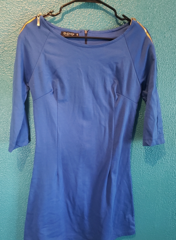 RARE FLOYD Fitted Blue Dress With Gold Zipper Shoulder